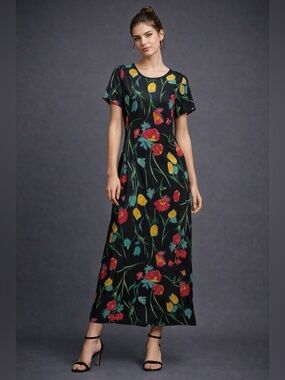 Vintage 90s Melissa Floral Maxi Dress Size 6 Black Tulip Print Rayon